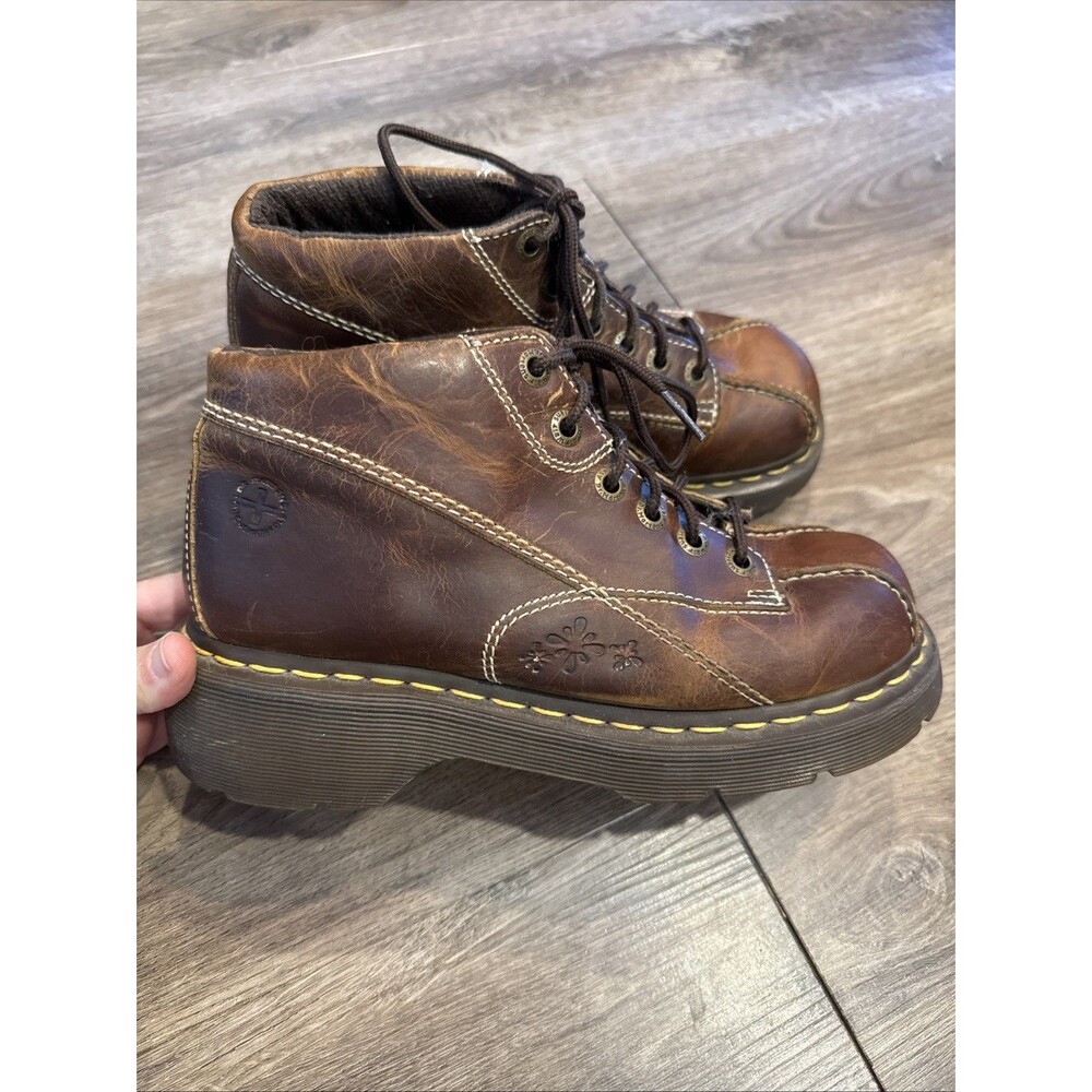 Y2K Vintage Dr. Martens Floral Daisy Chunky Brown Leather Ankle Boots Size 9